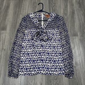 Tory Burch 100% Silk Bow Tie Blouse Birds On Wire Print Blue Size 8 Long Sleeve
